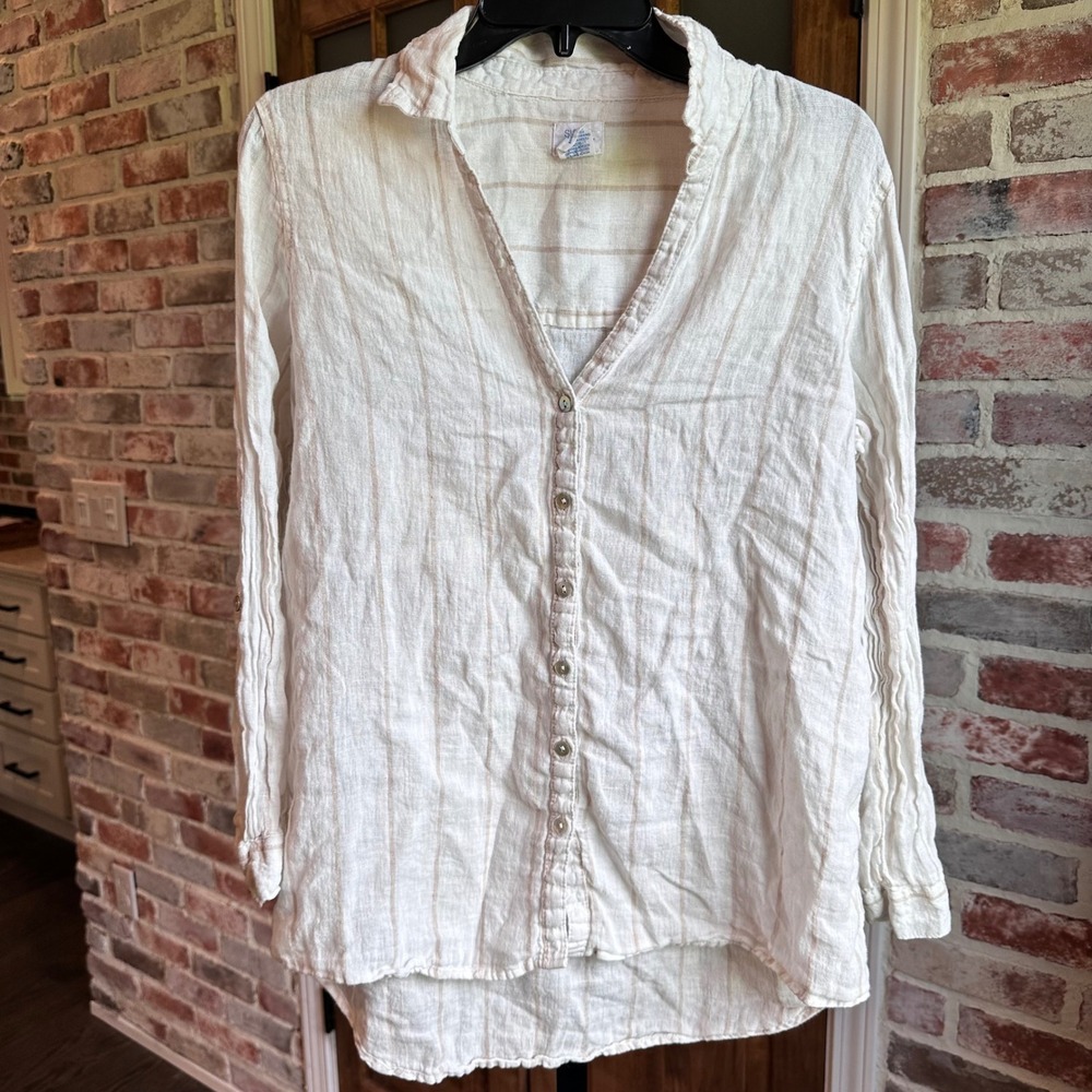 Sigrid Olsen Button Up Women White Striped Linen Roll Tab Sleeve Shirt Size M